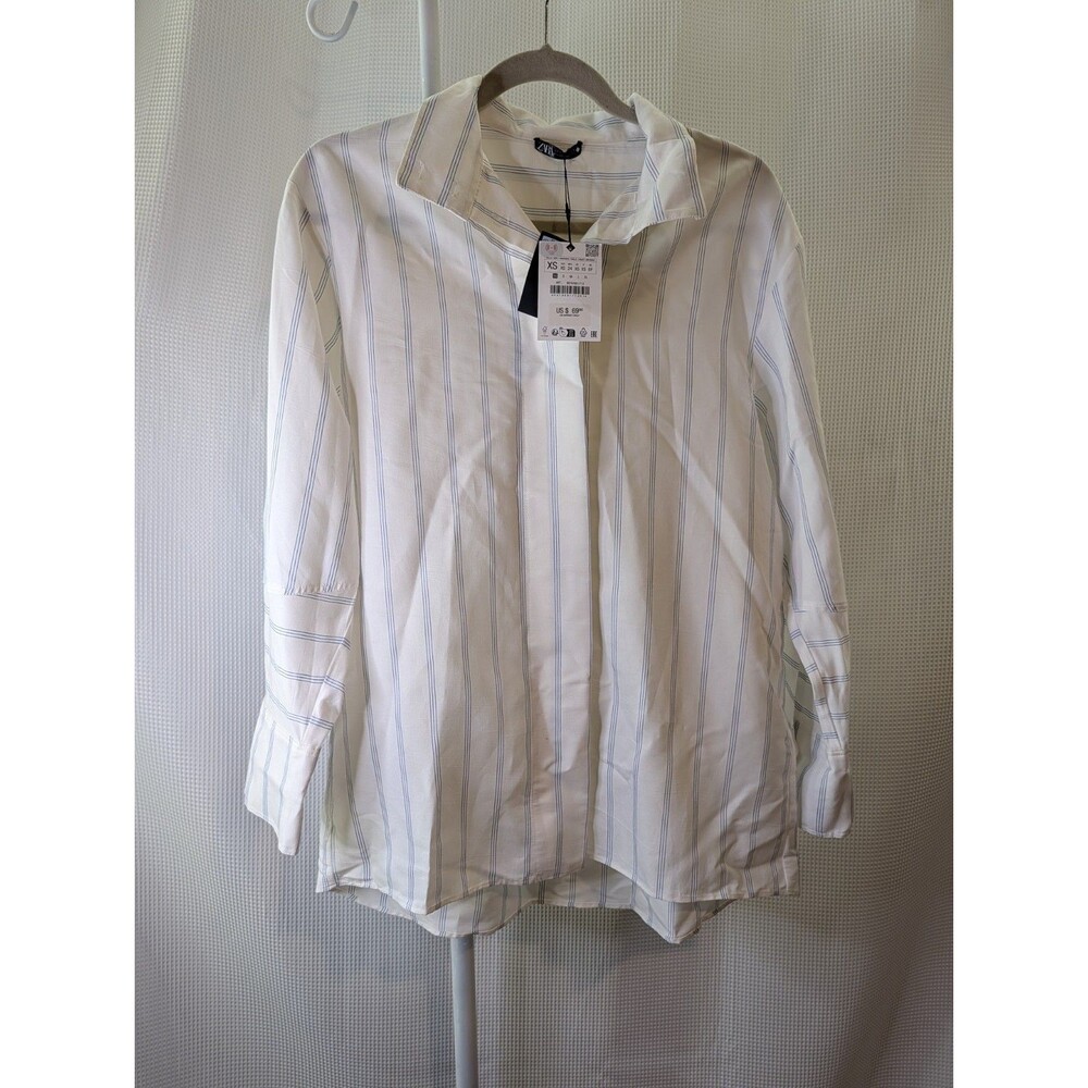 Zara NWT Striped Button-front Shirt Top Ecru Blue Resort XS Oversized (A09)